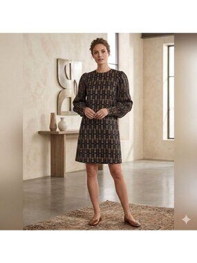 Marella Printed Navy & Brown Long Sleeve Dress With Geometric Pattern & Buttoned